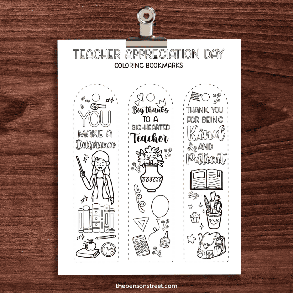 Teacher bookmarks for a teacher appreciation gifts to color