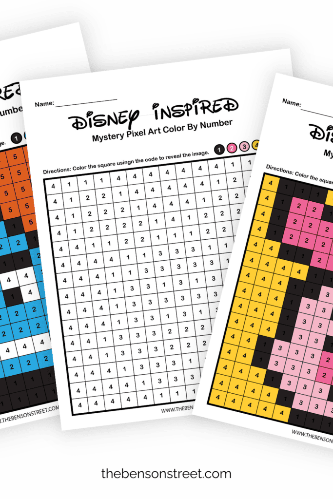 Three fanned out sheets of color by number pixel art pages with a disney theme