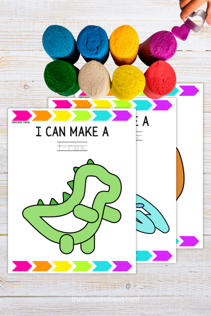 Three free playdough mats with dinosaurs on them and playdough on top