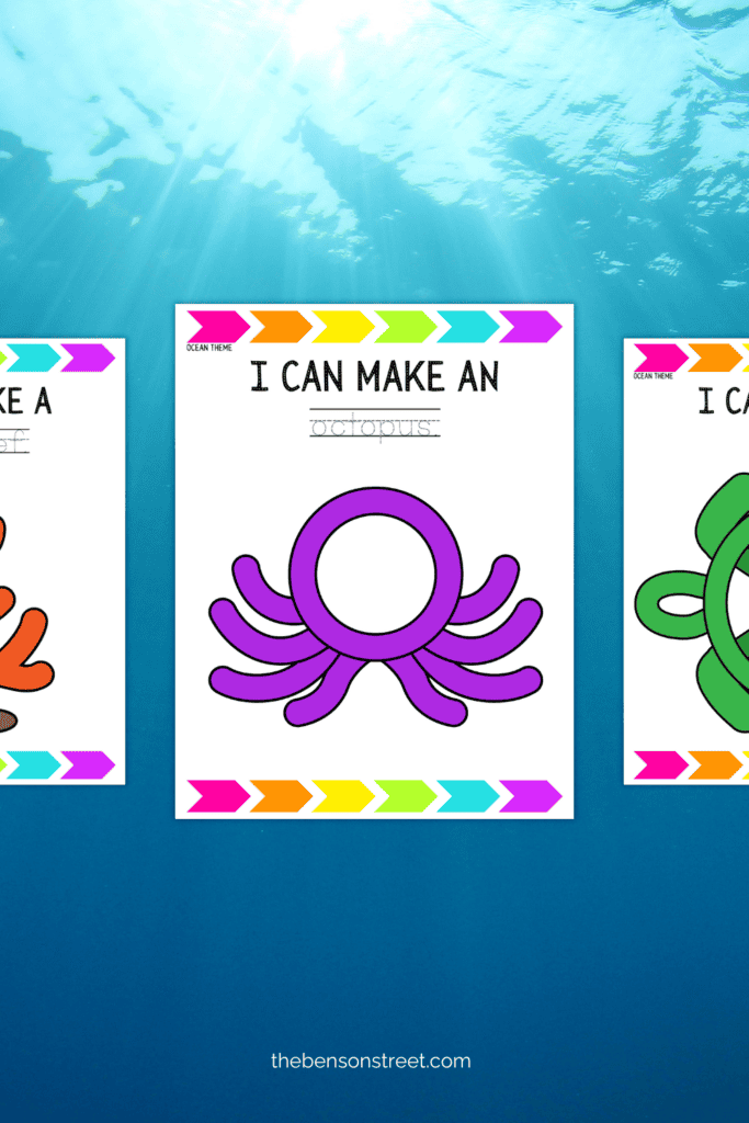 Three ocean playdough mats on a sea background