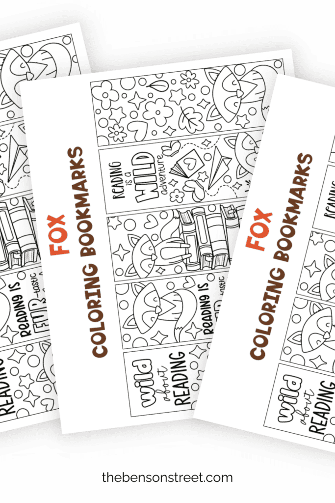 Three pages of coloring bookmarks with foxes on them in a fanned out stack