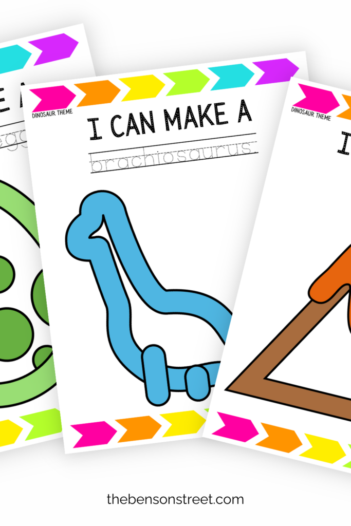 Three pages of dinosaur play-doh mats for kids in a fanned out stack