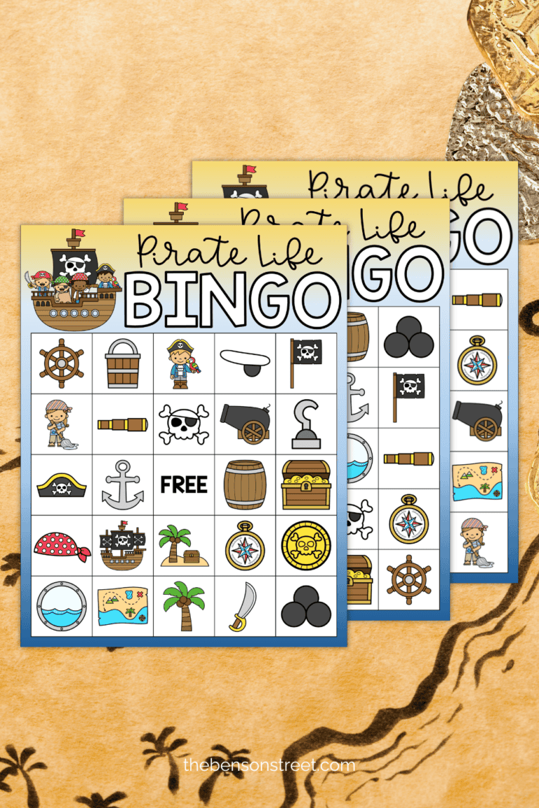 Three pages of pirate bingo boards on a pirate background