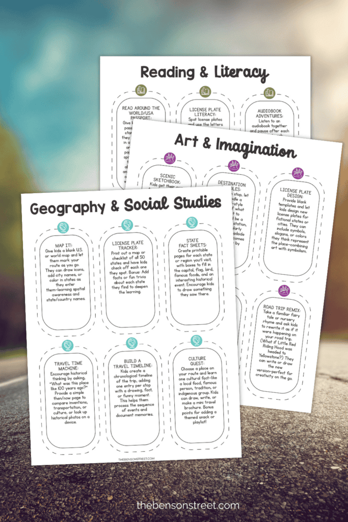 Three pages with lesson ideas for using in the car with kids
