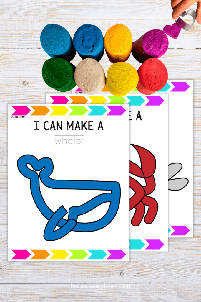 Three printable playdough mats with ocean animals