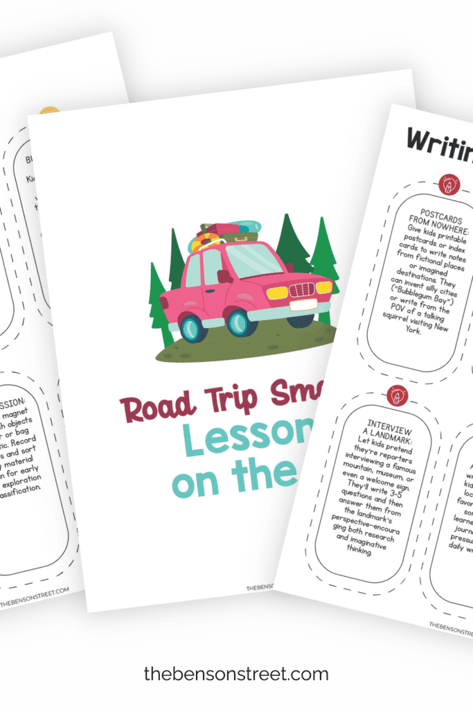 Three printable sheets of learning road trip games in a fanned out stack