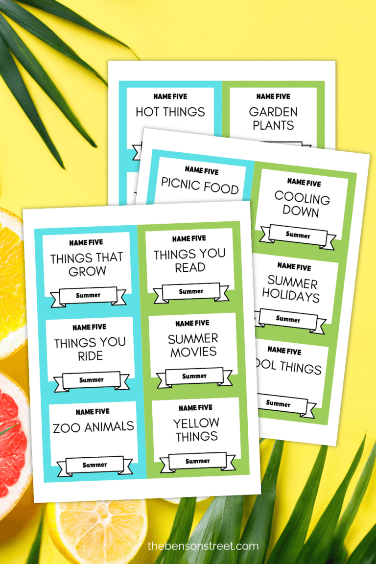 Three printed out sheets of summer game cards for kids and families