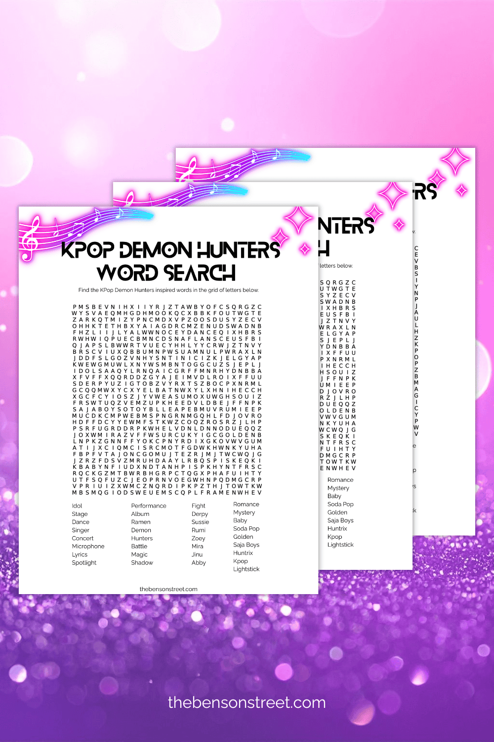 Three sheets of a word search with kpop demon hunters movie themed words