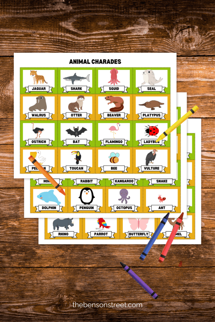 Three sheets of animal charades cards with animals on them