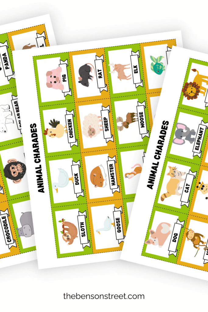 Three sheets of animal charades pages free to print