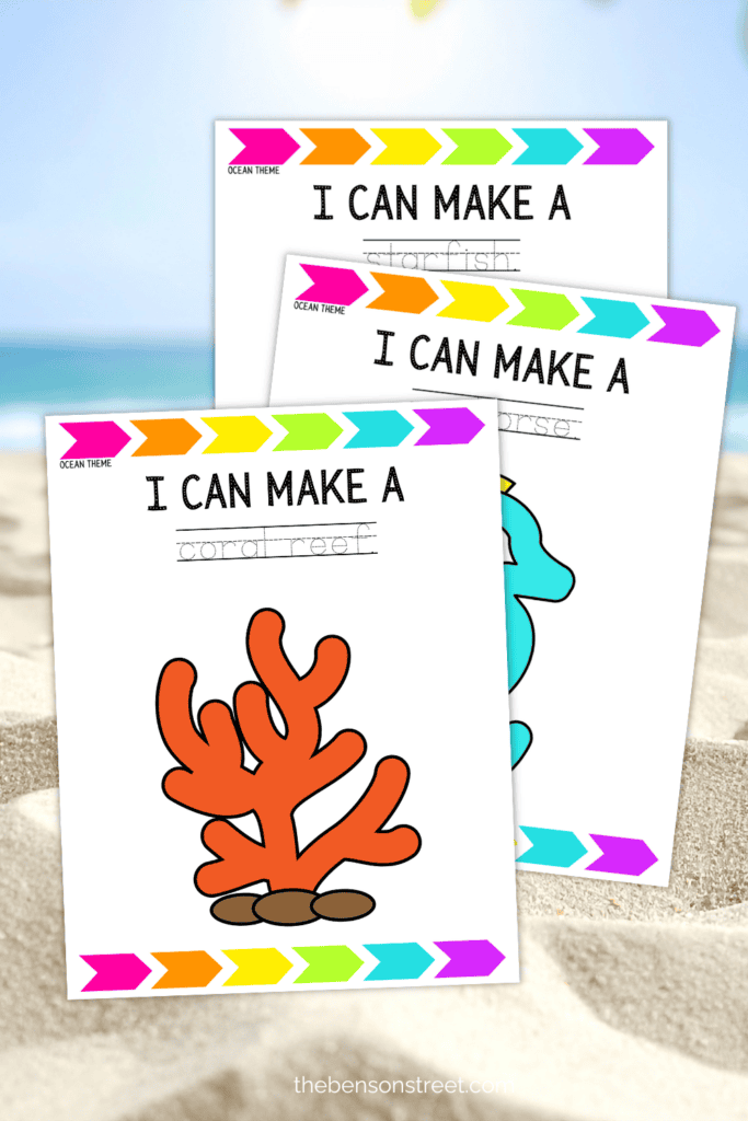 Three sheets of ocean themed images to mold out of playdough