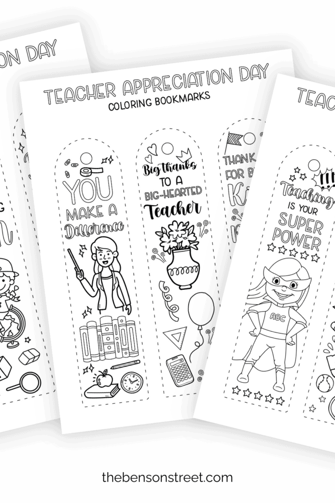 Three sheets of teacher appreciation day coloring bookmarks for kids