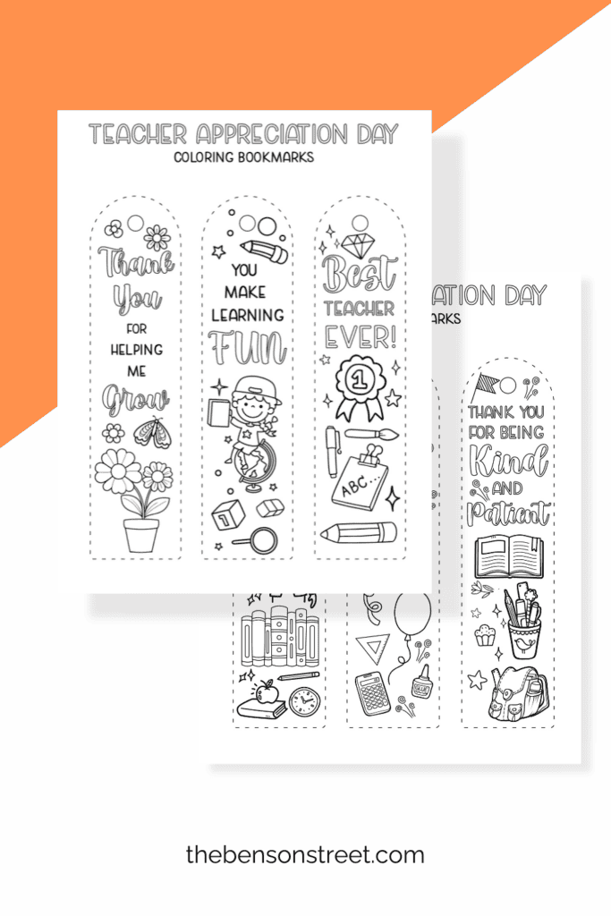 Two pages of coloring bookmarks to gift for Teacher Appreciation Day or Week