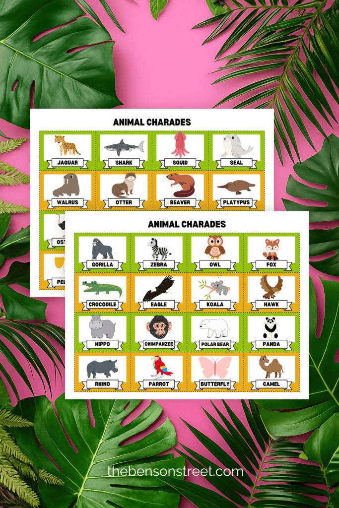 Two sheets featuring animals for acting out in a game of charades