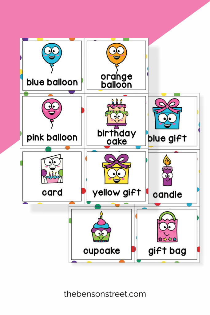 Two sheets of calling cards for a birthday bingo game