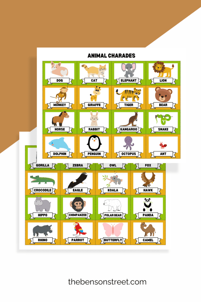 Two sheets of charades clues with animals on them