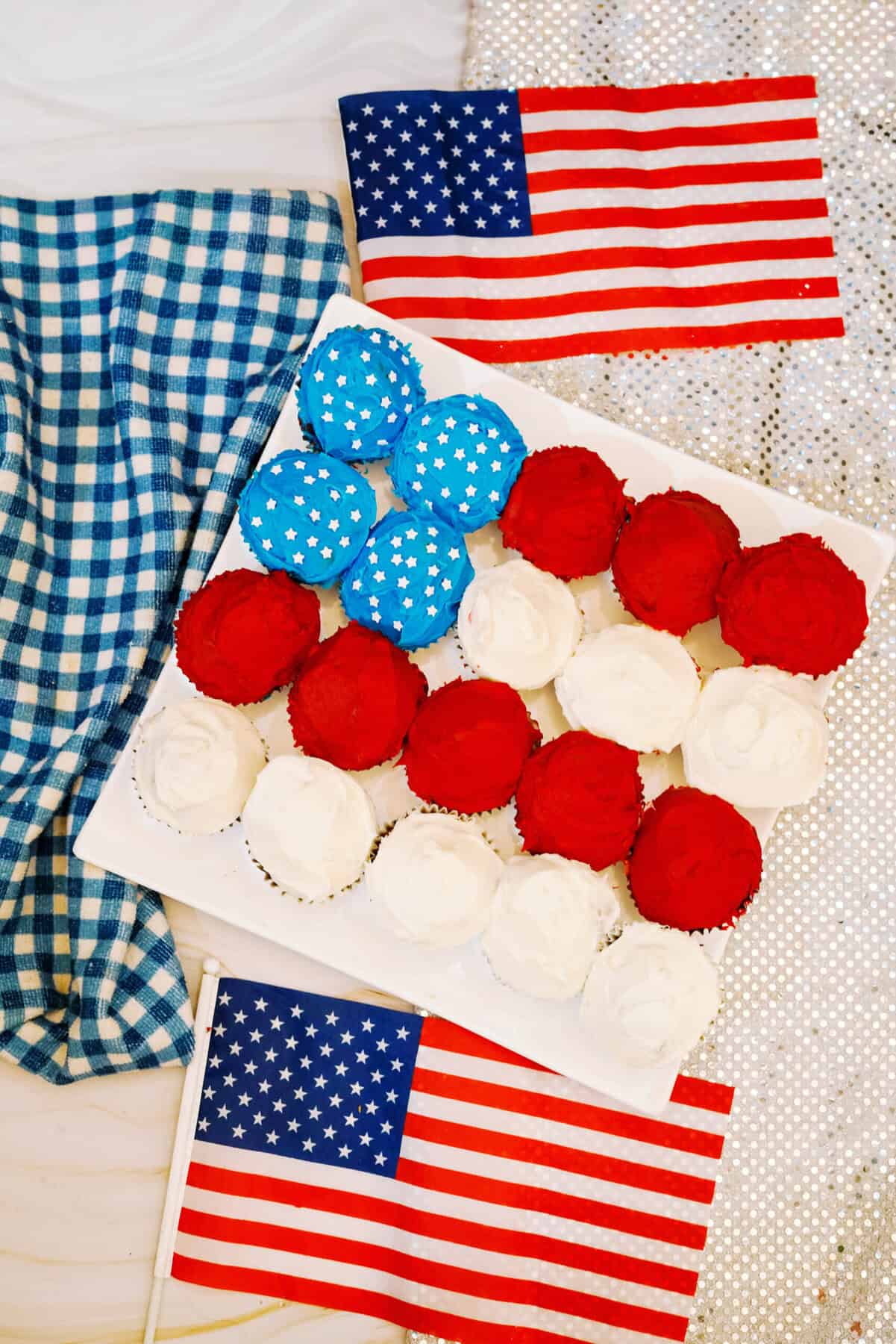 White square platter with cupcakes frosted to look like an American flag