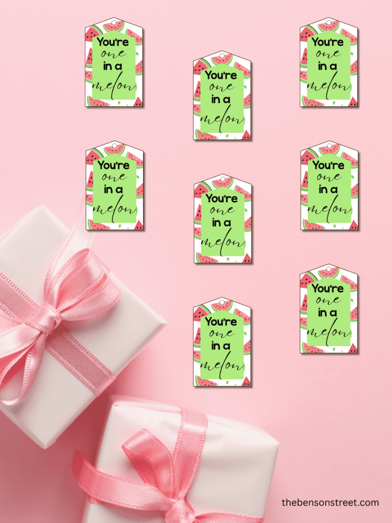 You're one in a melon tags with gifts around