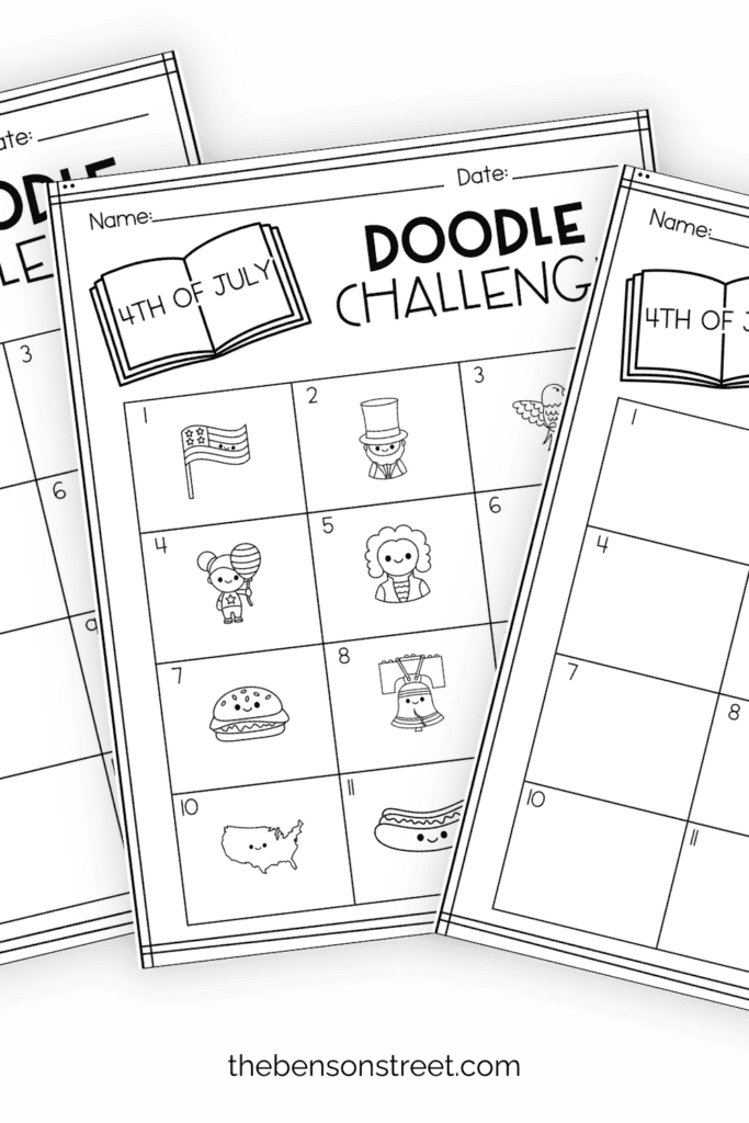 three printable doodle challenge sheets for 4th of July in a fanned stack