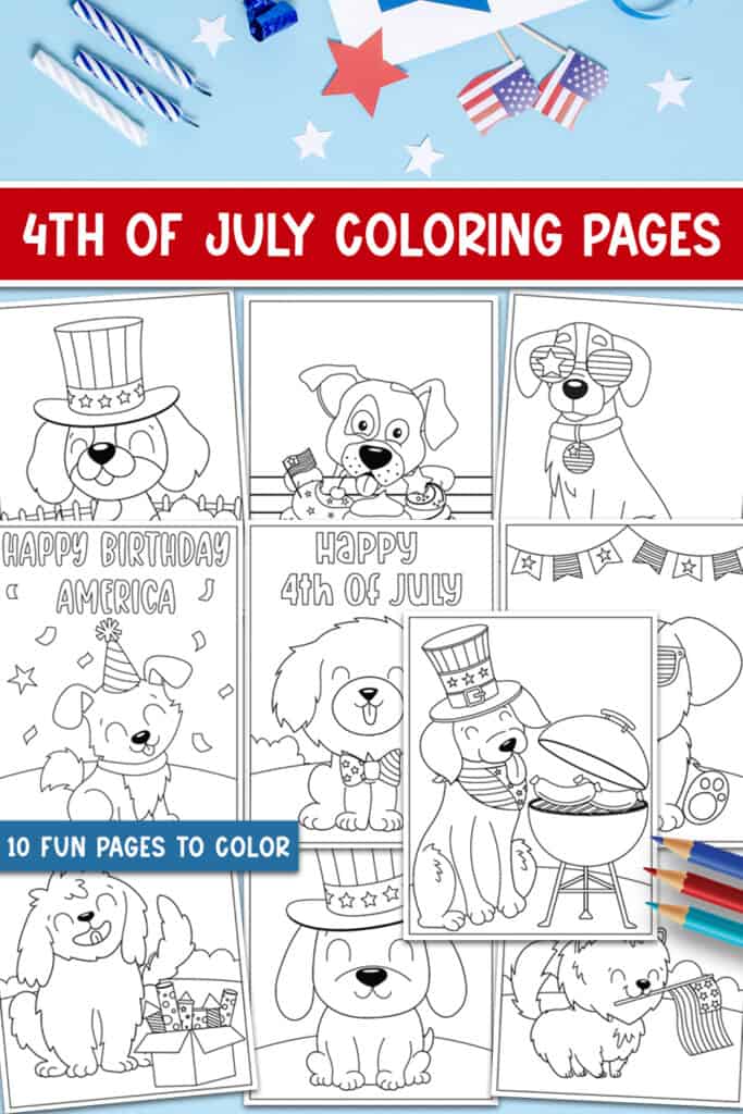 Flat Lay of 4th of July Dogs Coloring Pages