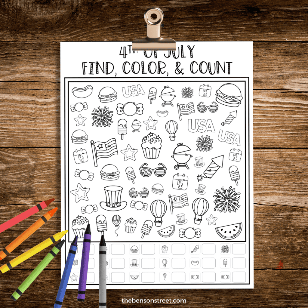 4th of July I Spy Find Color and Count printable page