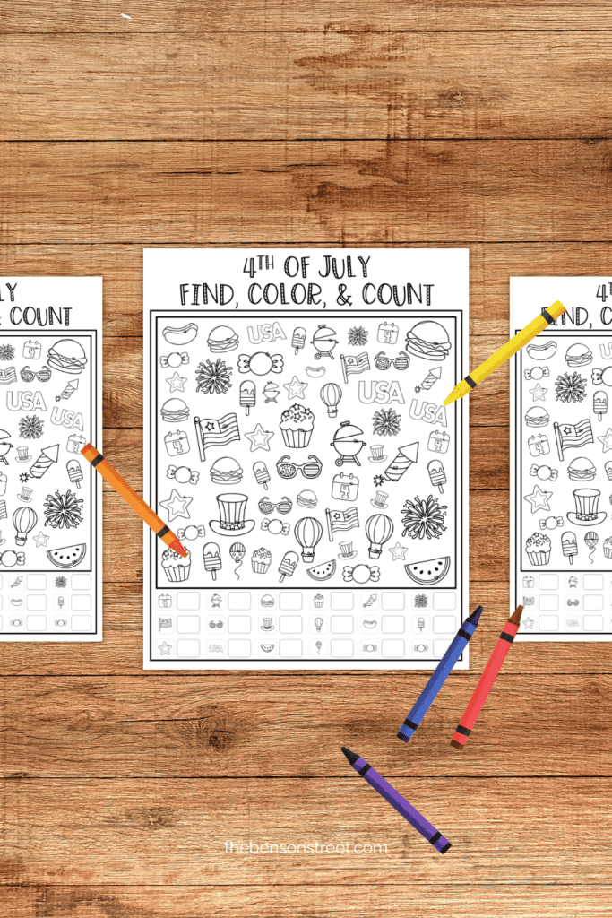 4th of July coloring i spy activity with crayons around