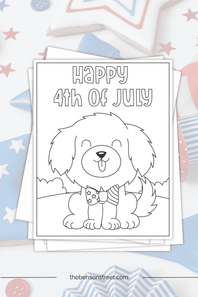 A Happy Fourth of July Coloring Page with a cute puppy