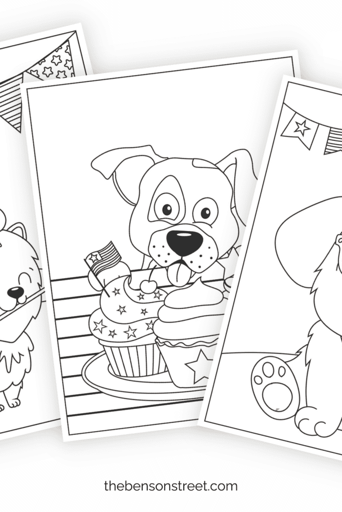 A bunch of cute puppy 4th of July coloring pages in a fanned out stack