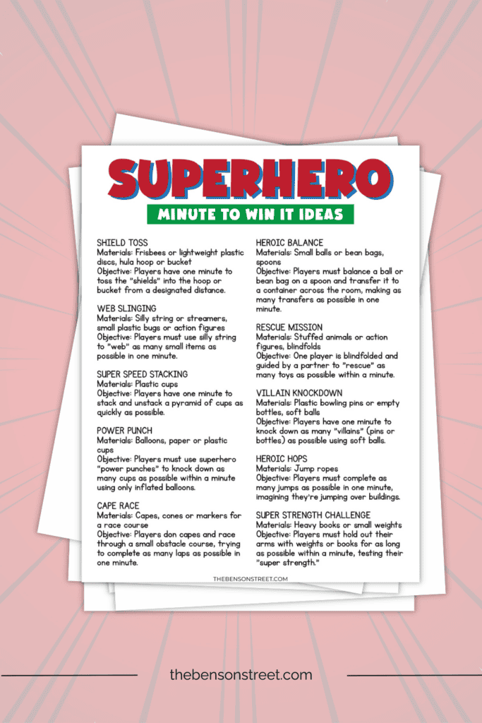 A page of superhero minute to win it games