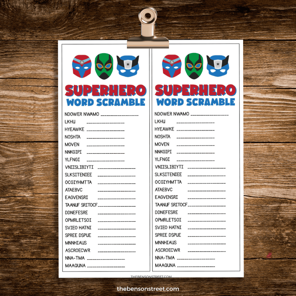 A page with superhero word scrambles for a party game