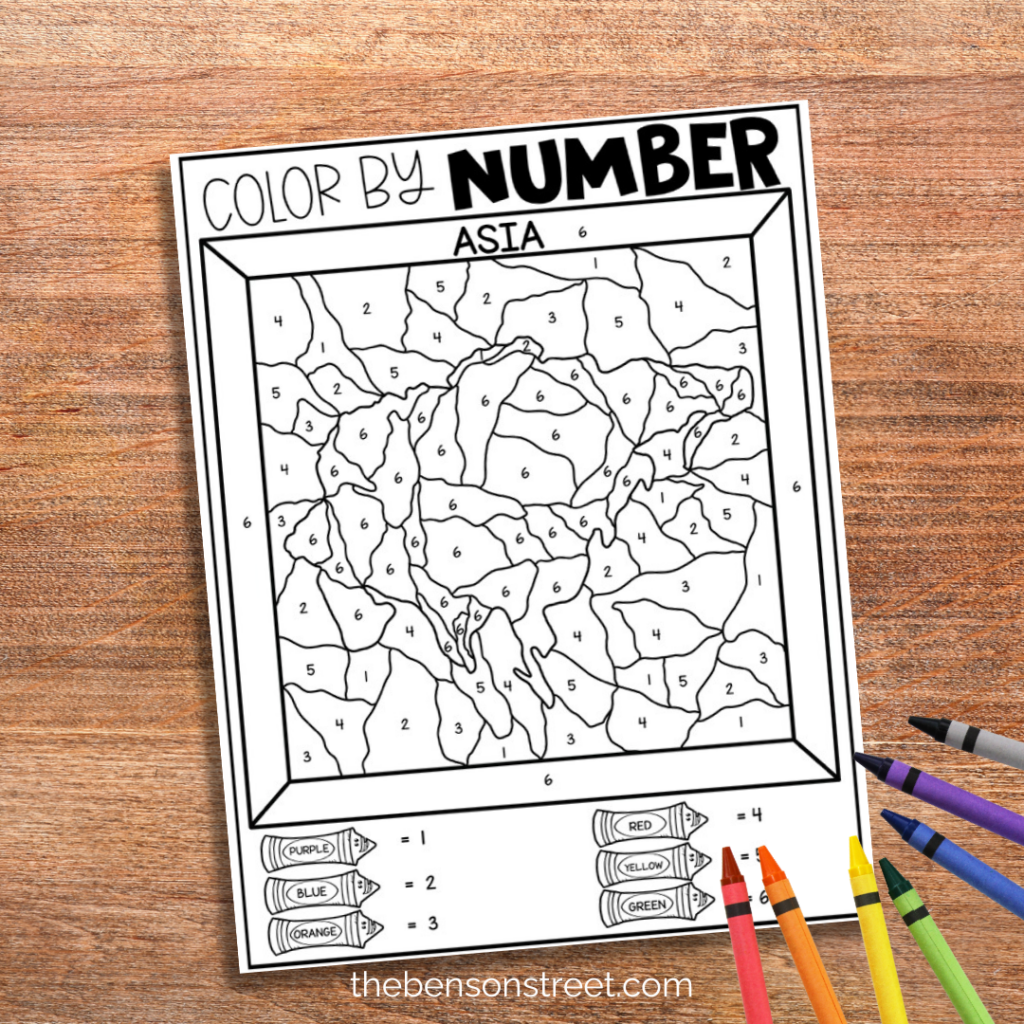 Asia color by number Page for Kids with crayons around