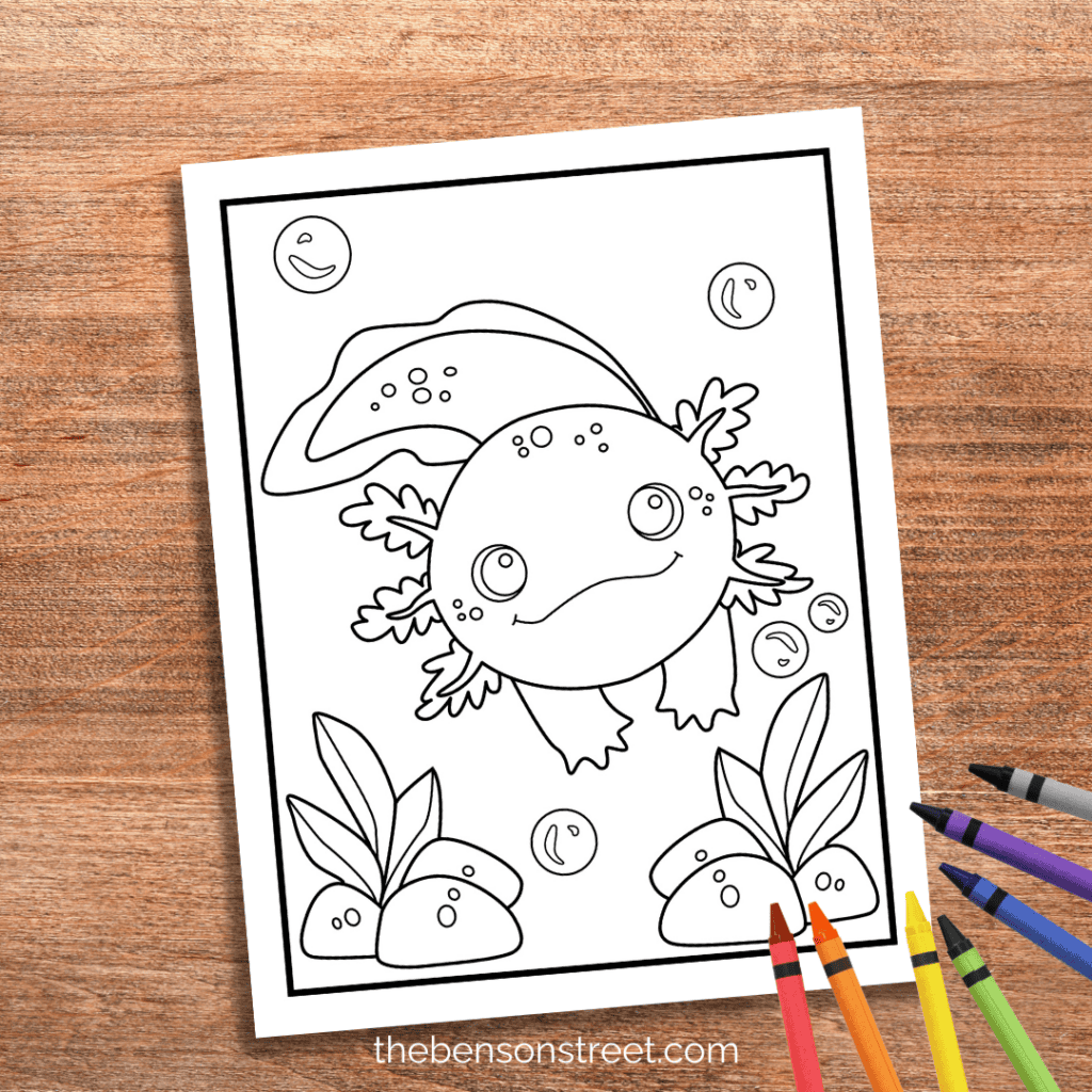 Axolotl Coloring Sheet on a wood background with crayons