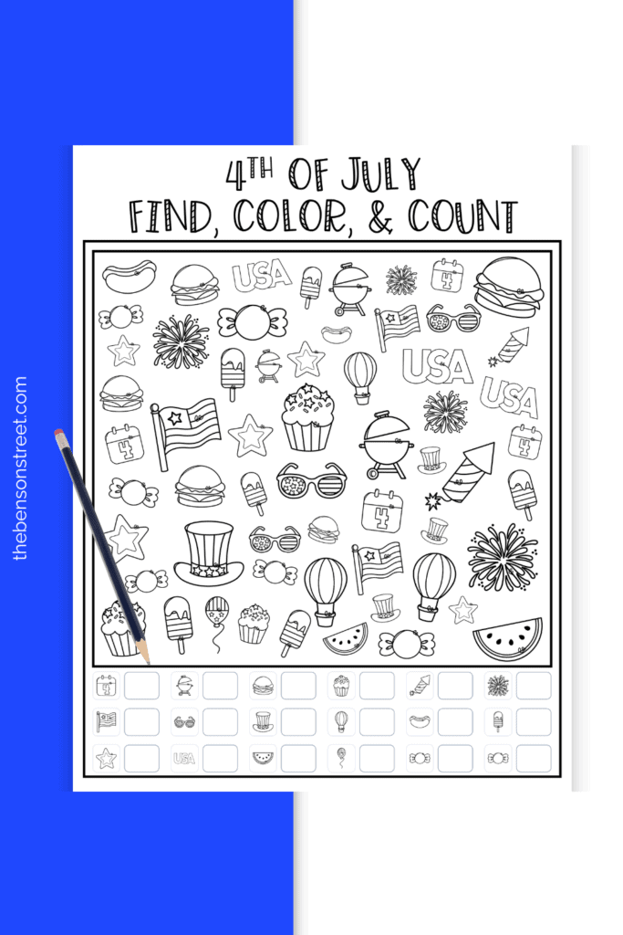 Busy activity for 4th of July find color and count page for kids