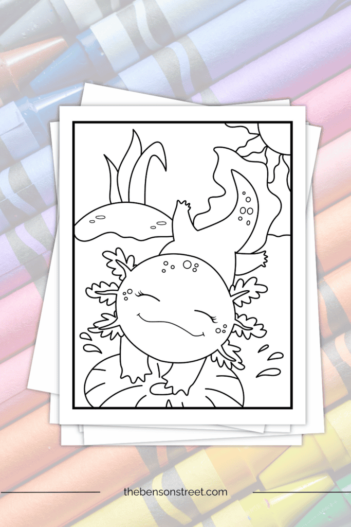Cute stretching axolotl coloring page on a stack of papers