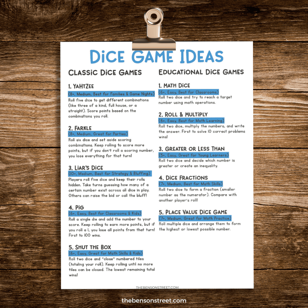 Dice Game Ideas, Classic and educational games