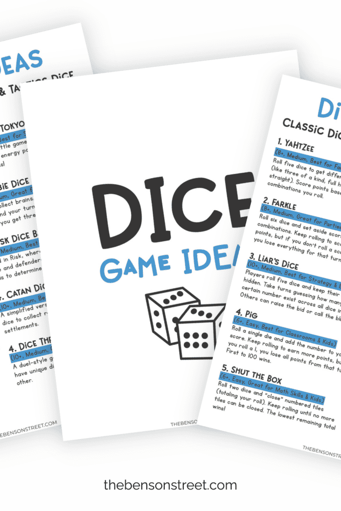 Dice Game Ideas in a fanned out stack on three papers