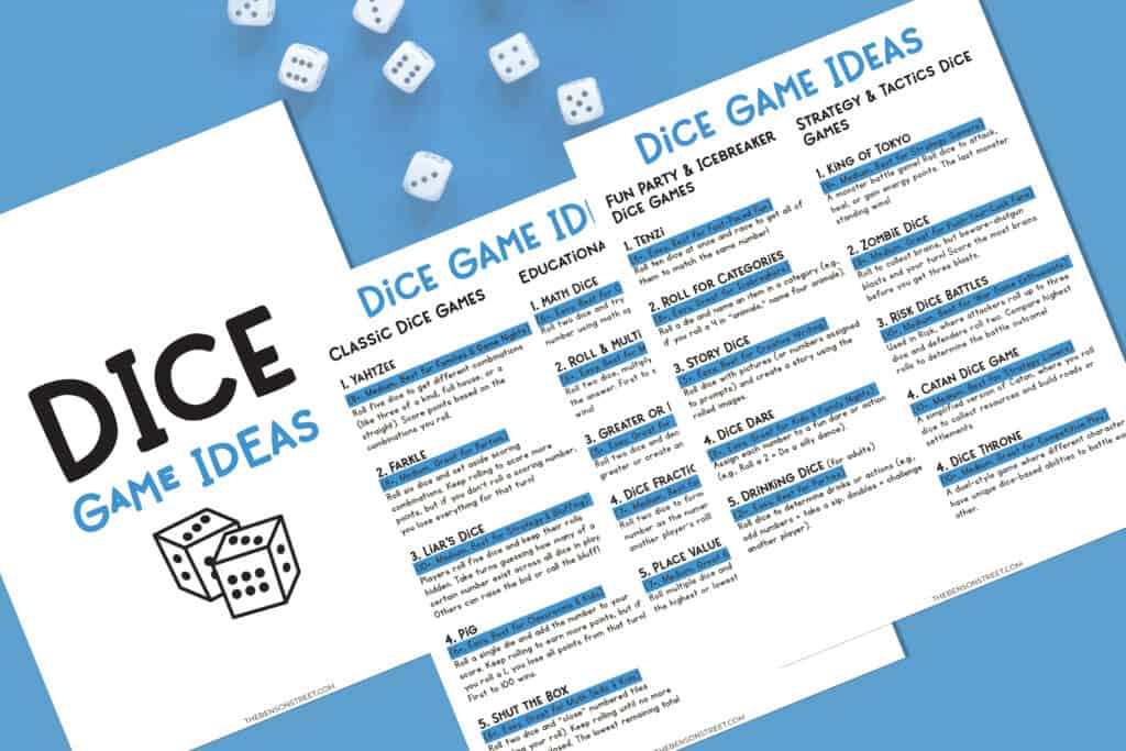 Flat lay of dice and printable dice games sheets