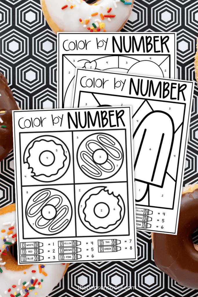 Donuts, popsicles, and ice cream cone color by number coloring pages