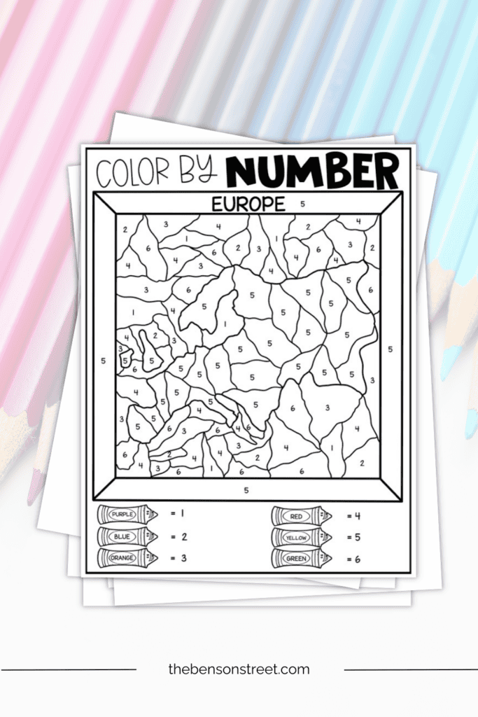 Europe color by number sheet for kids