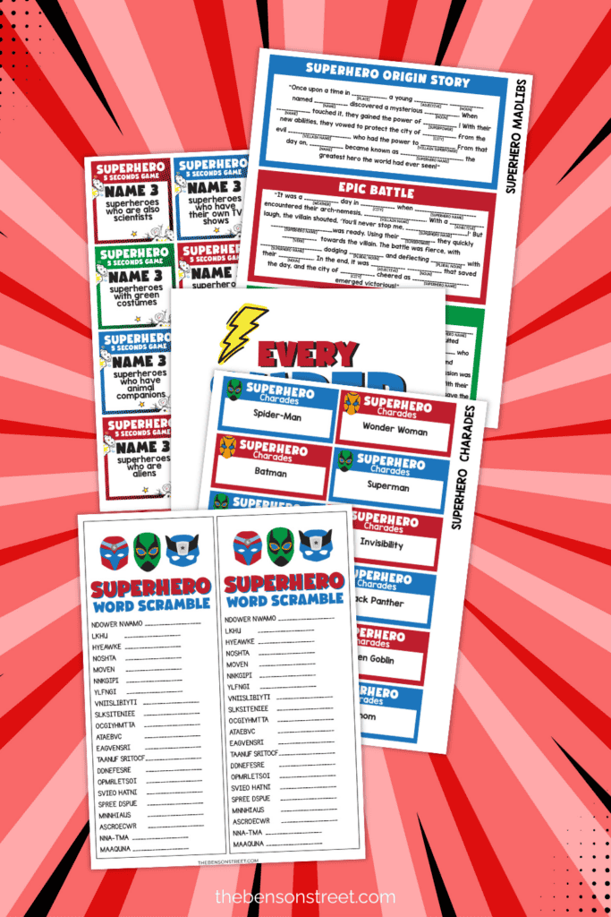 Five different prints in a superhero game night bundle