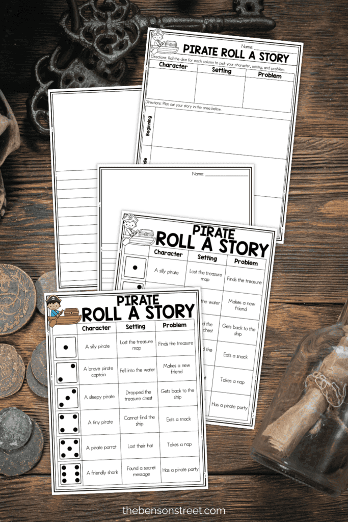 Five different sheets in a pirate roll a story writing activity for creative writing