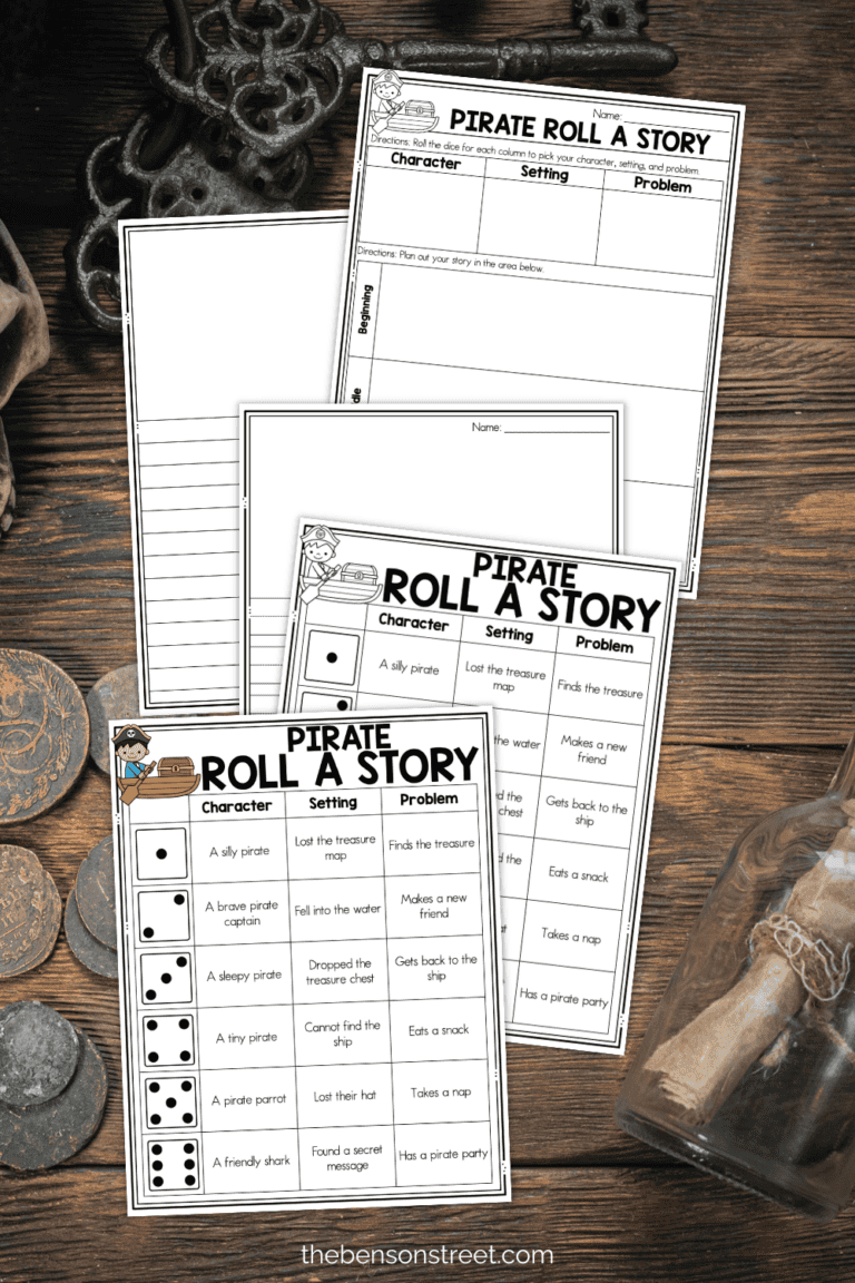 Five different sheets in a pirate roll a story writing activity for creative writing