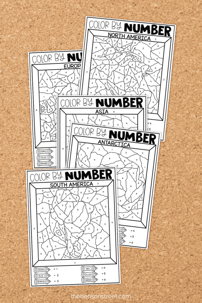 Five different sheets of coloring pages with continents