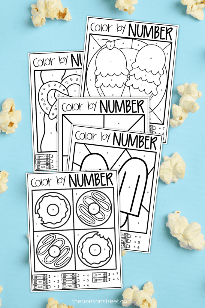 Five different snack food items color by number pages
