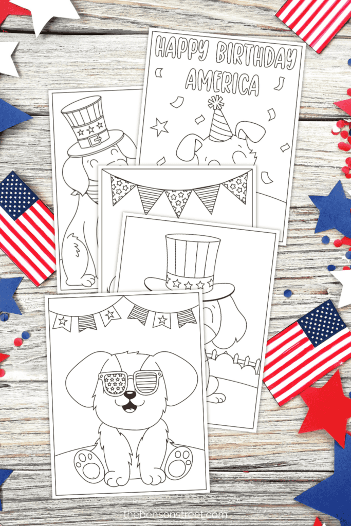 Five patriotic puppy coloring sheets for kids 