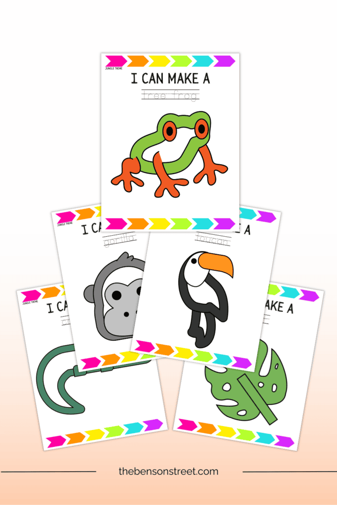 Five printable playdough mats with jungle themed items