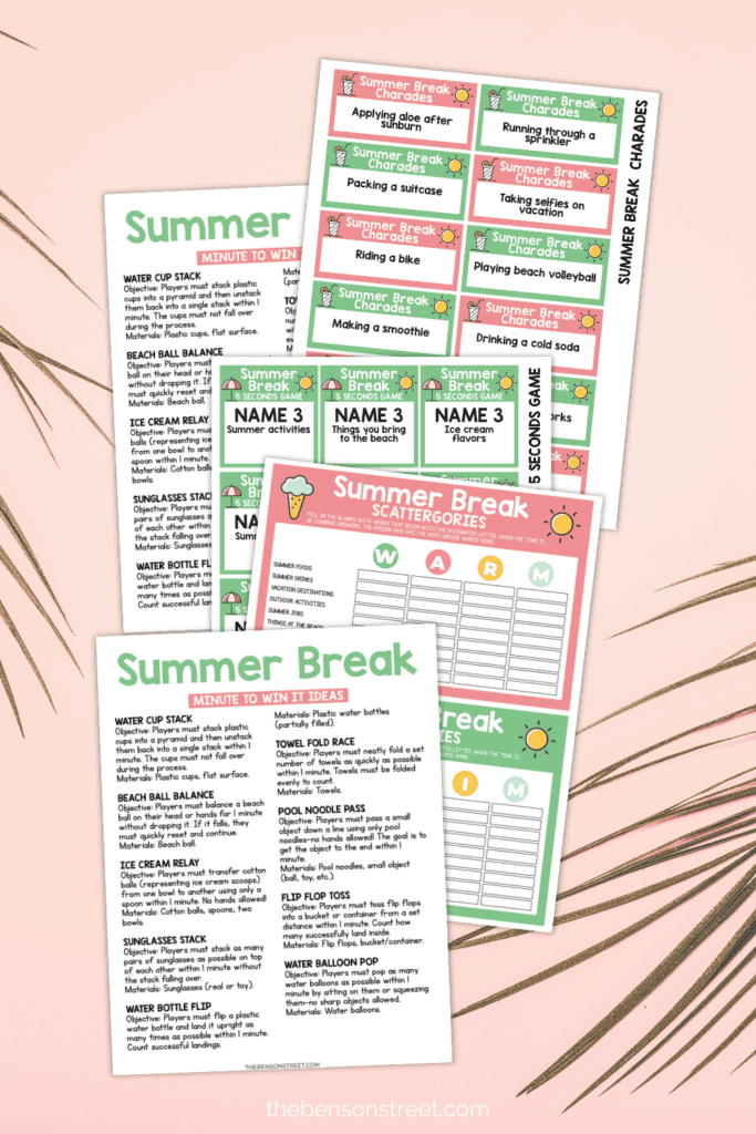 Five sheets from a free printable summer game pages free to print