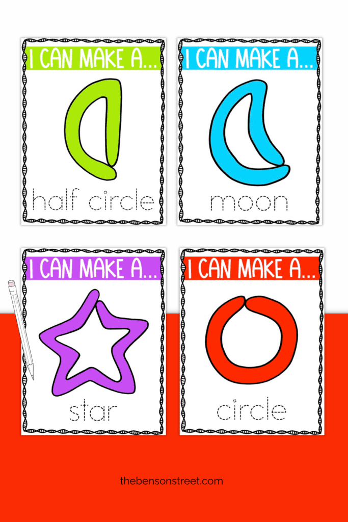 Four Playdough mat shapes with ap encil on top 