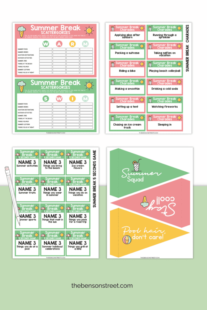 Four Sheets of different summer games including scattergories, charades, summer name five
