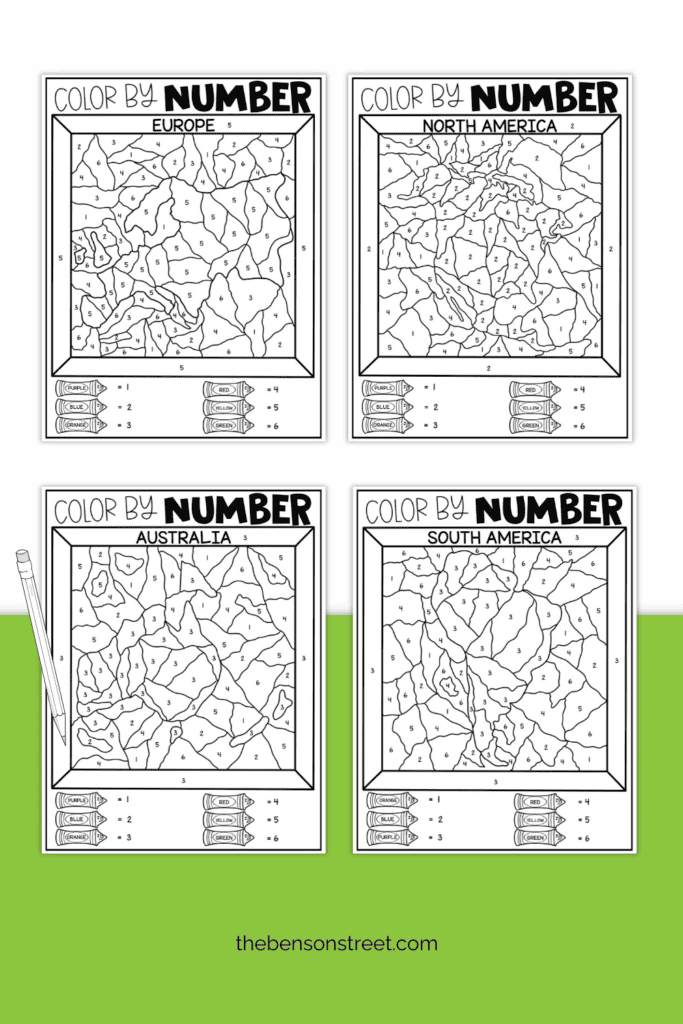 Four different continents color by number sheets